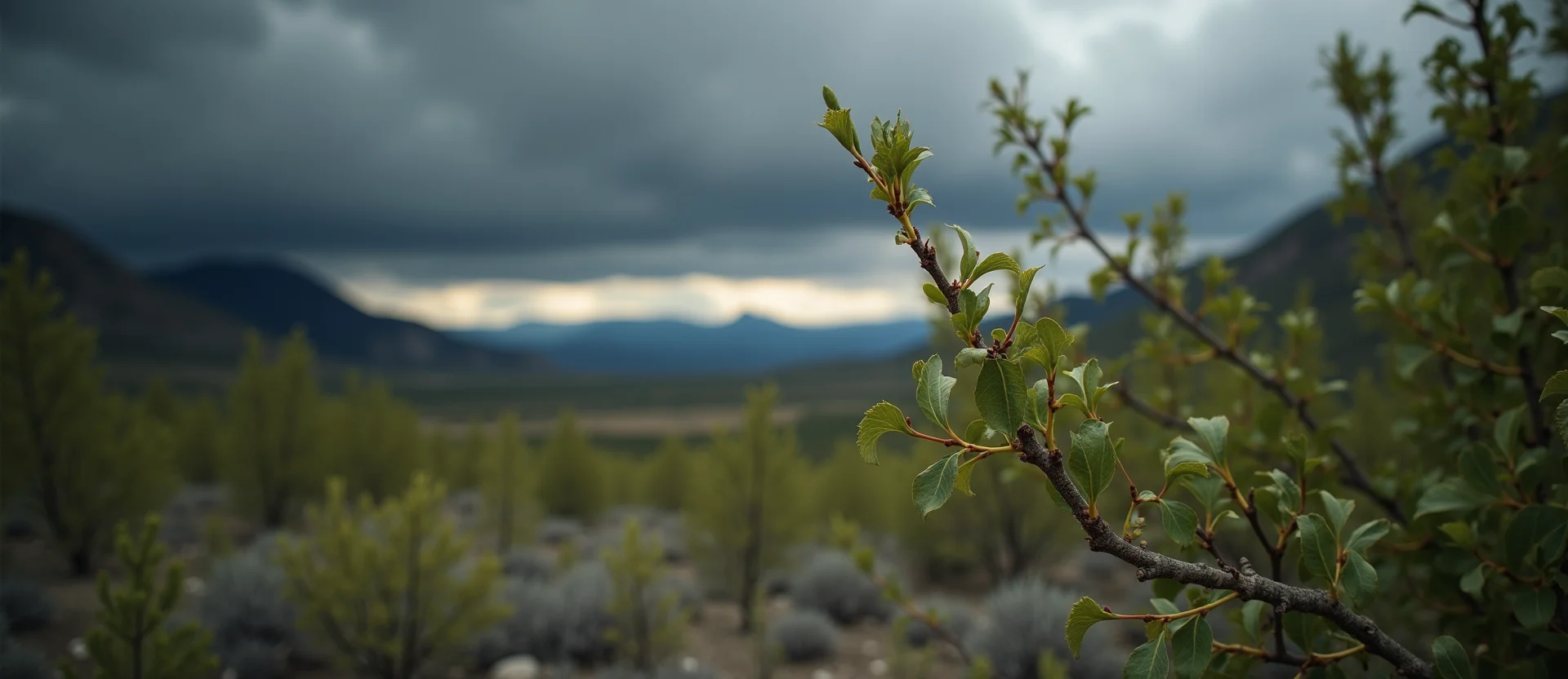 Symbolizing Seed/New Beginning: A local Mountain Mahogany new green bud on a branch. - AI Generated