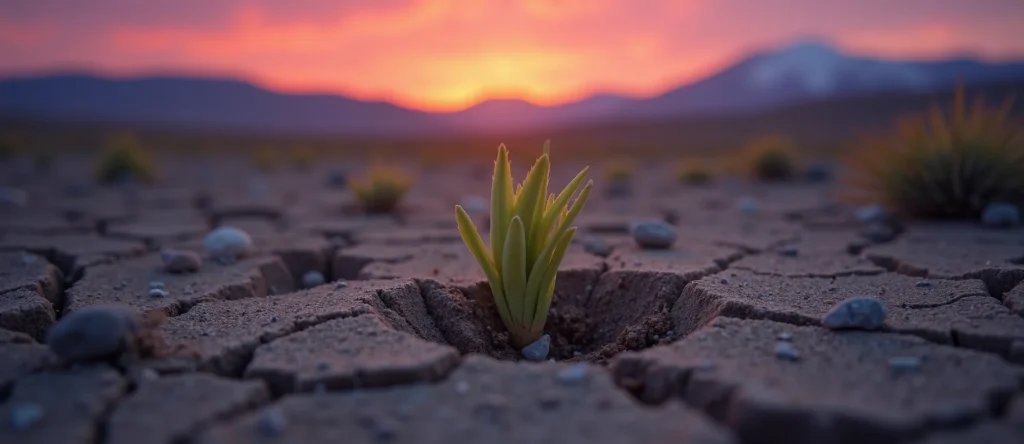 Symbolizing Seed/New Beginning: A local Bitterbrush shoot emerging from cracked soil. - AI Generated