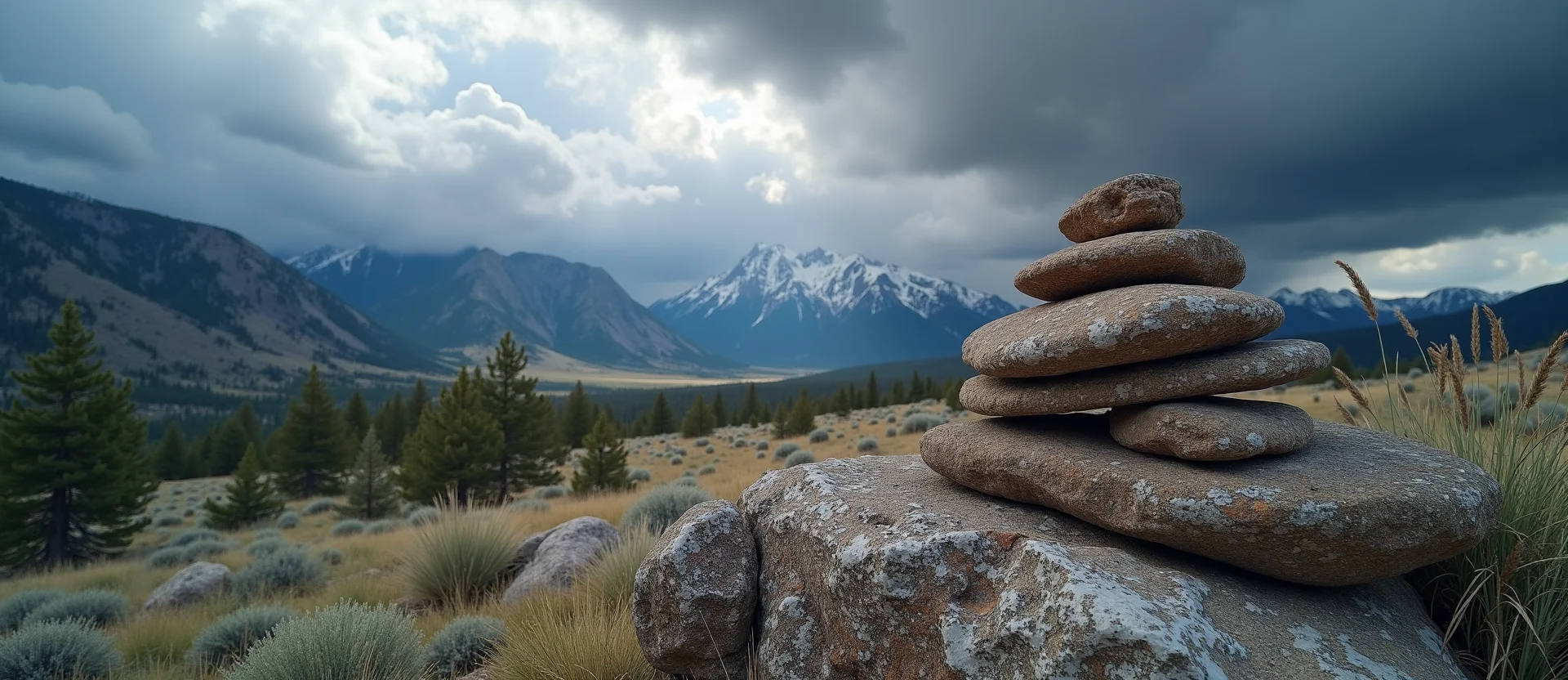 Symbolizing Stability/Peak: A local Quaking Aspen ancient rock cairn. - AI Generated