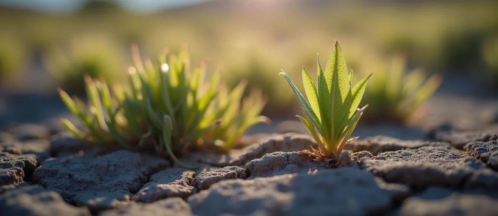 Symbolizing Seed/New Beginning: A local Rabbitbrush shoot emerging from cracked soil. - AI Generated
