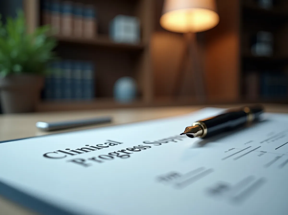 This captures the literal visual (pen, specific document title) while adding context ("professional documentation and legal reporting") to help search engines categorize image’s purpose on your behavioral health site.