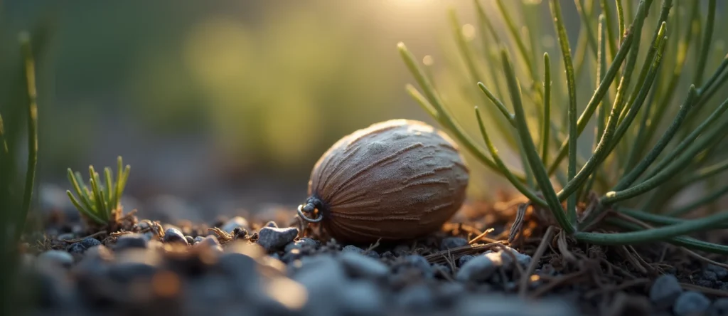 Symbolizing Seed/New Beginning: A local Mountain Mahogany single pine seed on dry earth. - AI Generated