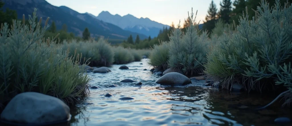 Symbolizing Flow/Cleansing: A local Sagebrush (Artemisia tridentata) clear cold snowmelt stream. - AI Generated