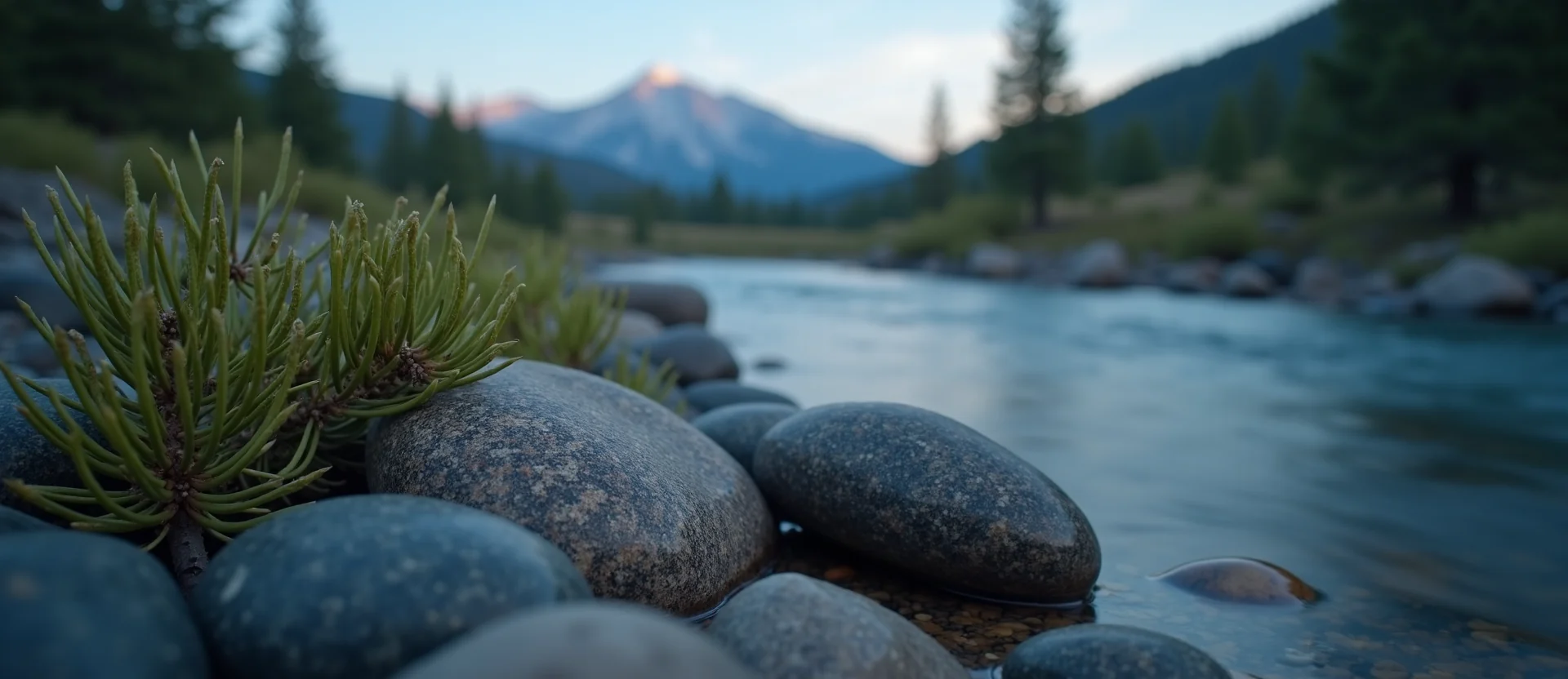 Symbolizing Flow/Cleansing: A local Rabbitbrush smooth Truckee river stones. - AI Generated
