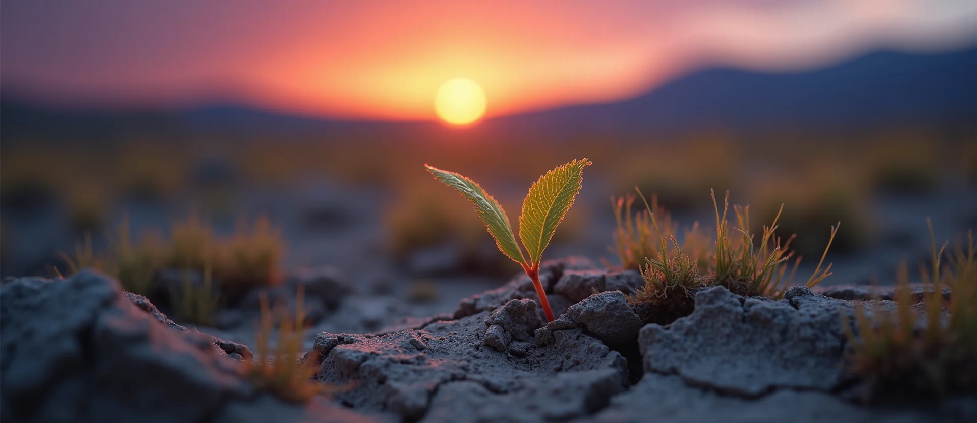 Symbolizing Seed/New Beginning: A local Bitterbrush shoot emerging from cracked soil. - AI Generated