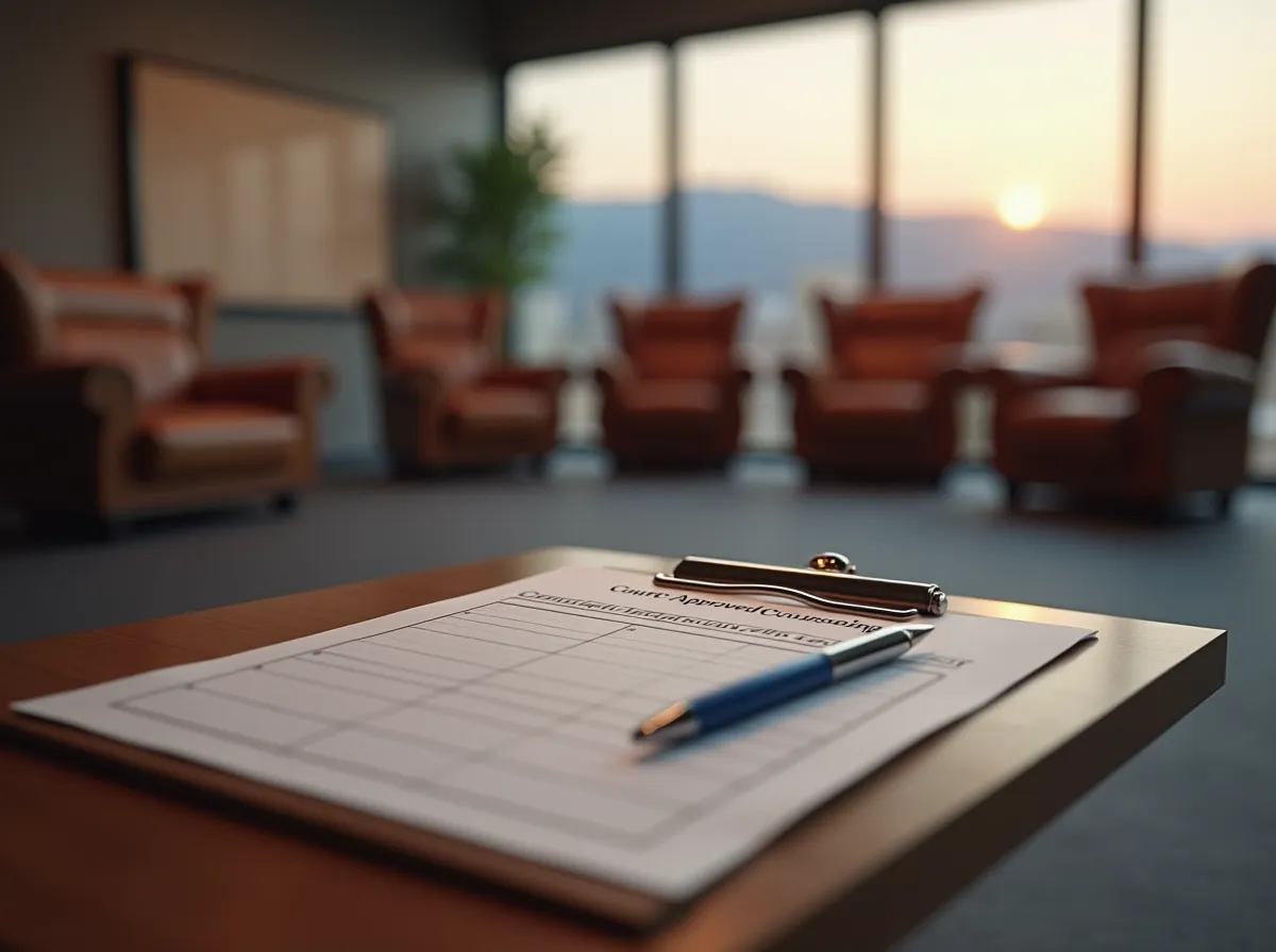 A "Court-Approved Counseling Compliance Log" on a clipboard in a professional Reno treatment center, representing structured legal compliance and progress tracking.
