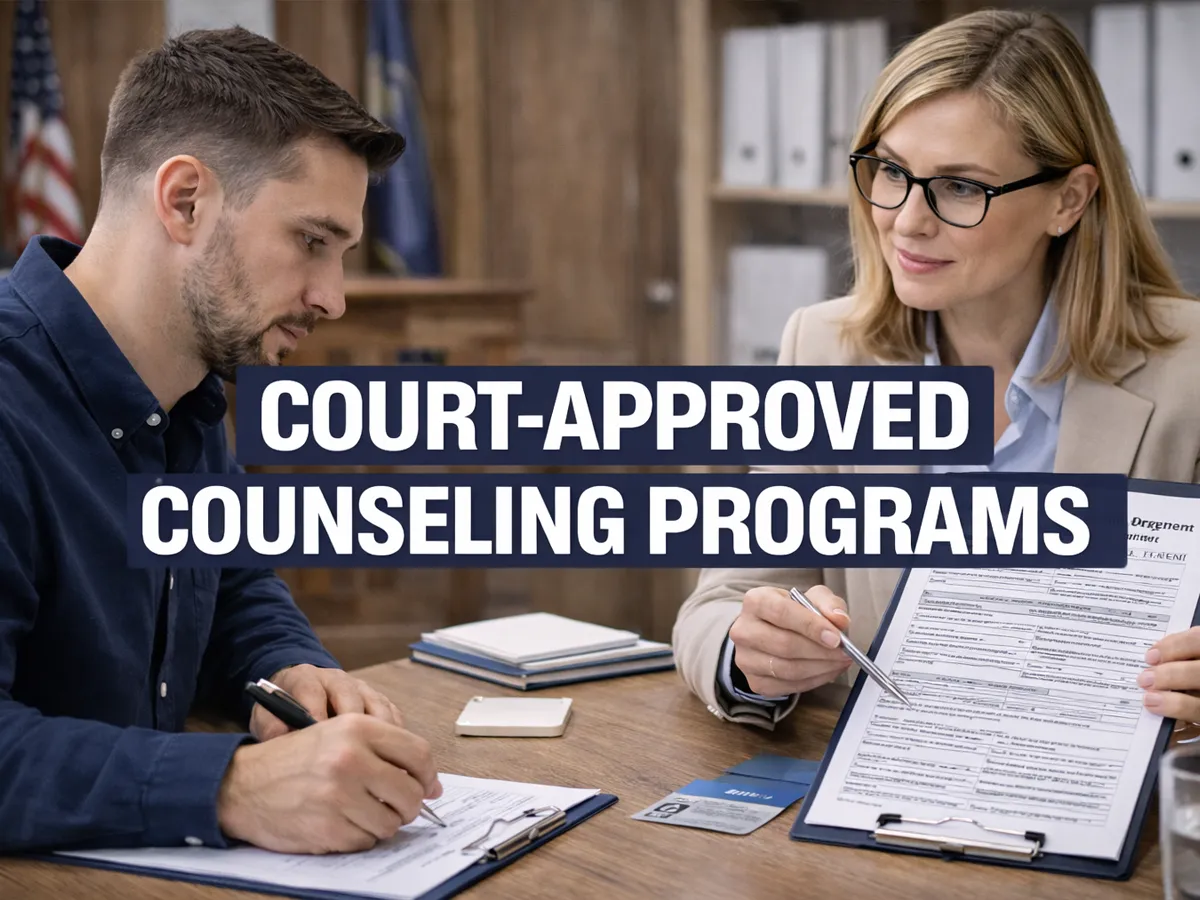 A professional clinician reviewing compliance documents with a client in a Reno office, featuring a text overlay that reads "COURT-APPROVED COUNSELING PROGRAMS."