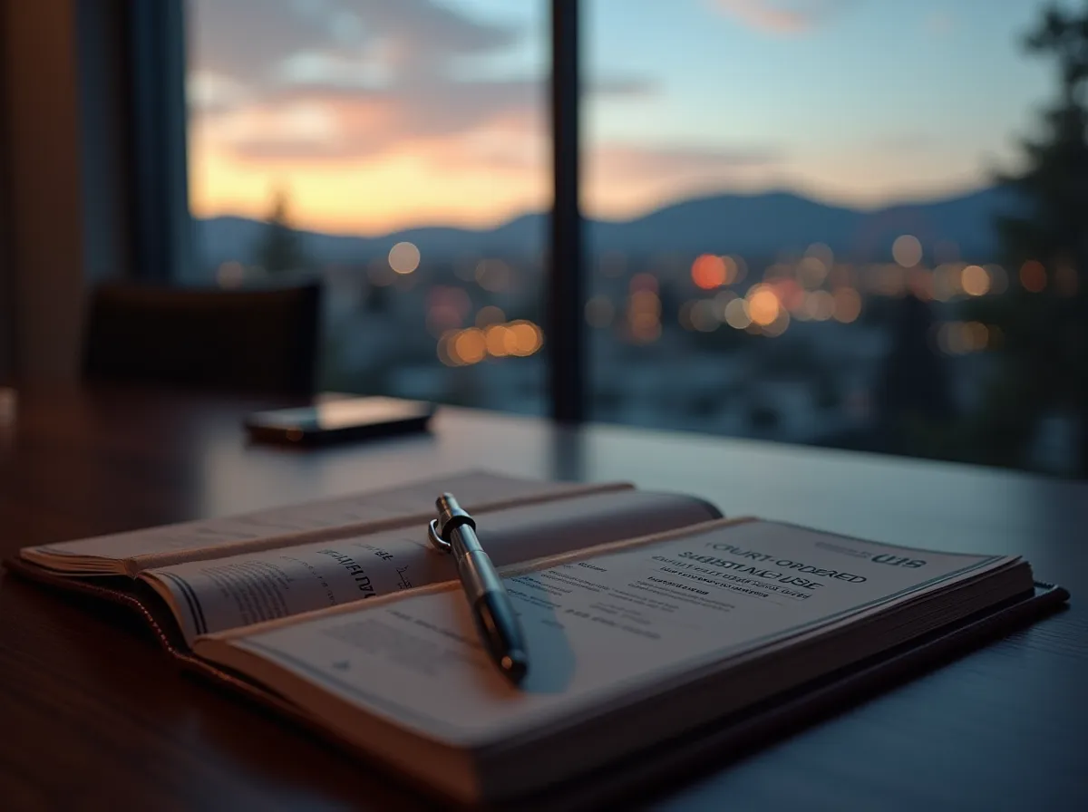 detailed visual of a professional "Court-Ordered Substance Use Evaluation" portfolio and weighted pen, representing structured legal compliance, objective medical reporting, and adherence to Nevada court requirements in a Reno treatment setting.