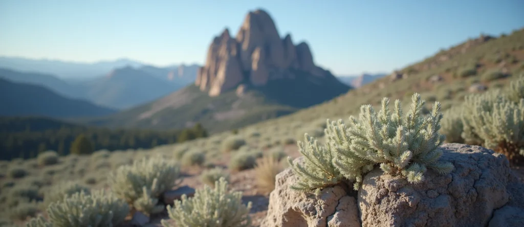 Symbolizing Stability/Peak: A local Quaking Aspen jagged granite peak. - AI Generated