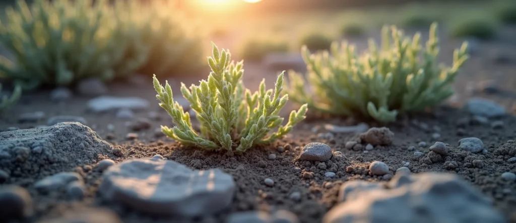 Symbolizing Seed/New Beginning: A local Desert Peach shoot emerging from cracked soil. - AI Generated