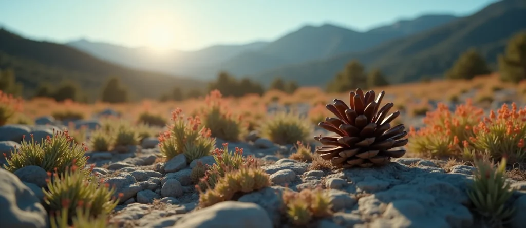 Symbolizing Seed/New Beginning: A local Indian Paintbrush opening pine cone. - AI Generated