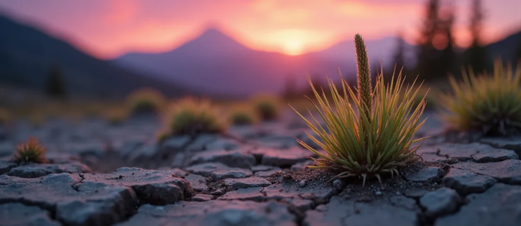 Symbolizing Seed/New Beginning: A local Indian Paintbrush shoot emerging from cracked soil. - AI Generated