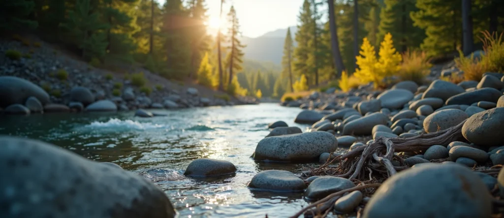 Symbolizing Flow/Cleansing: A local Quaking Aspen smooth Truckee river stones. - AI Generated