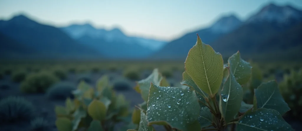 Symbolizing Flow/Cleansing: A local Desert Peach raindrops on desert leaves. - AI Generated