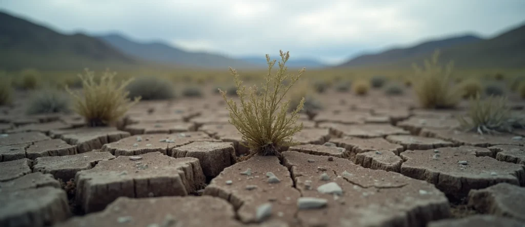 Symbolizing Seed/New Beginning: A local Mountain Mahogany shoot emerging from cracked soil. - AI Generated