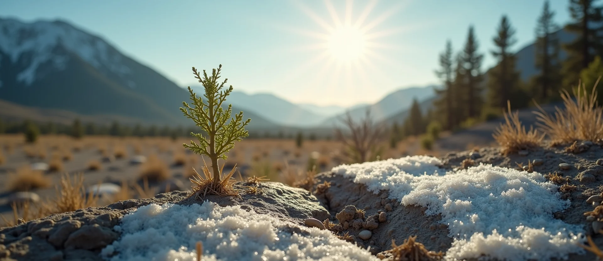 Symbolizing Seed/New Beginning: A local Mountain Mahogany shoot emerging from cracked soil. - AI Generated
