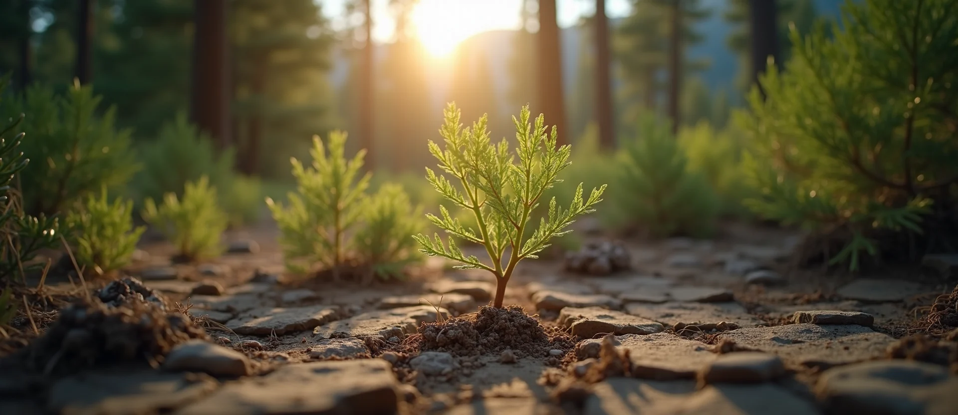Symbolizing Seed/New Beginning: A local Bitterbrush shoot emerging from cracked soil. - AI Generated