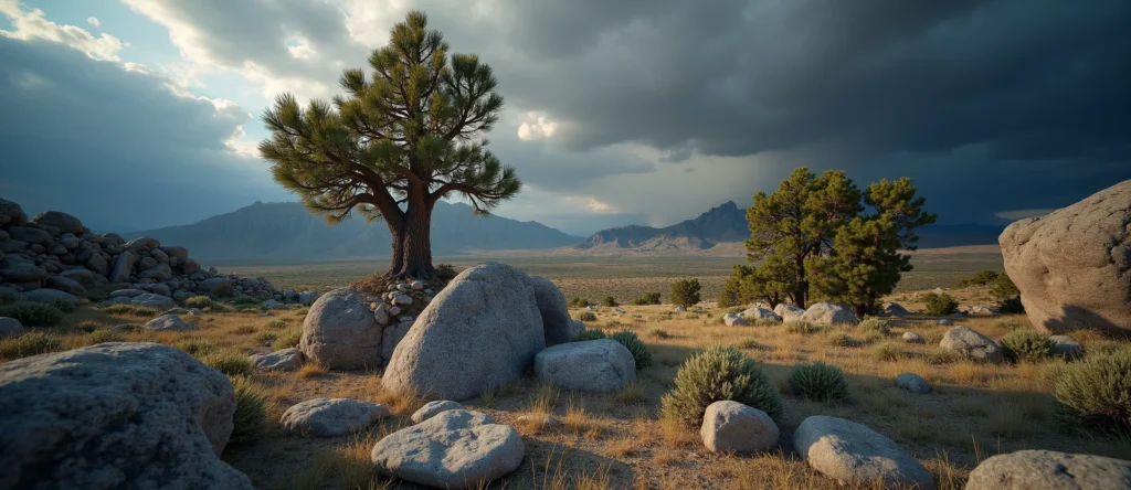 Symbolizing Growth/Resilience: A local Sierra Juniper tree growing out of a rock cleft. - AI Generated