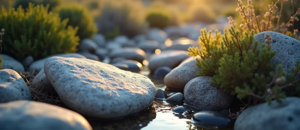 Symbolizing Flow/Cleansing: A local Sierra Juniper smooth Truckee river stones. - AI Generated