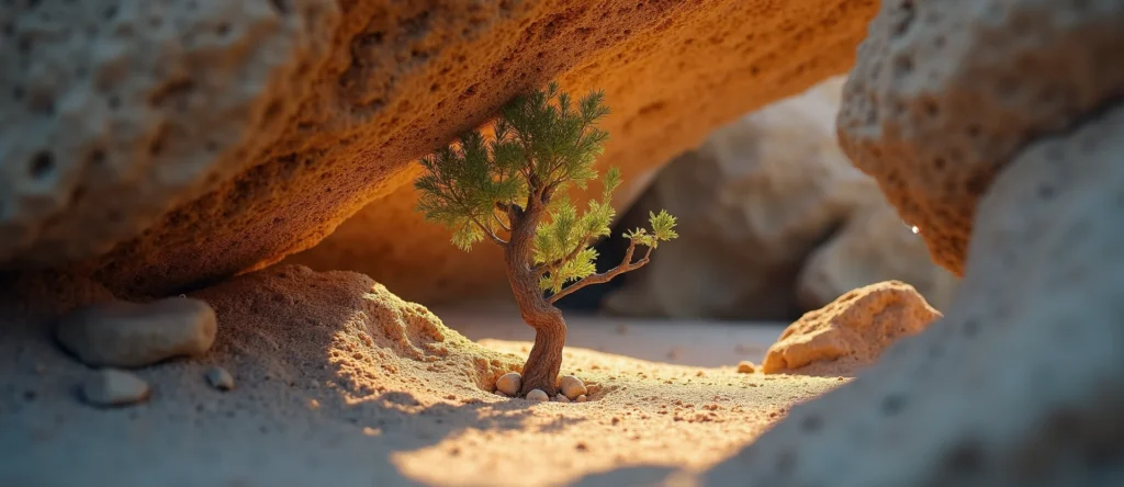 Symbolizing Growth/Resilience: A local Desert Peach tree growing out of a rock cleft. - AI Generated