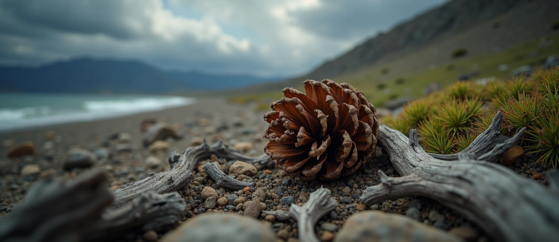 Symbolizing Seed/New Beginning: A local Bitterbrush opening pine cone. - AI Generated