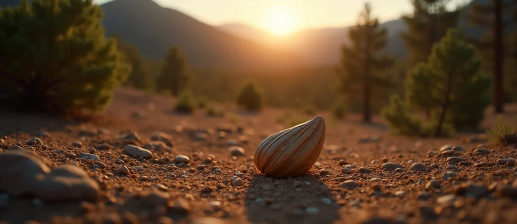Symbolizing Seed/New Beginning: A local Ponderosa Pine single pine seed on dry earth. - AI Generated
