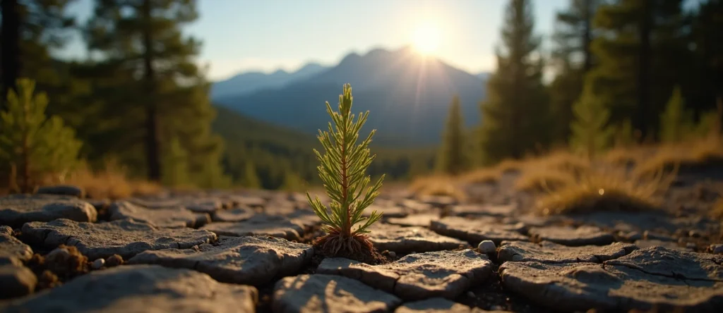 Symbolizing Seed/New Beginning: A local Sierra Juniper shoot emerging from cracked soil. - AI Generated