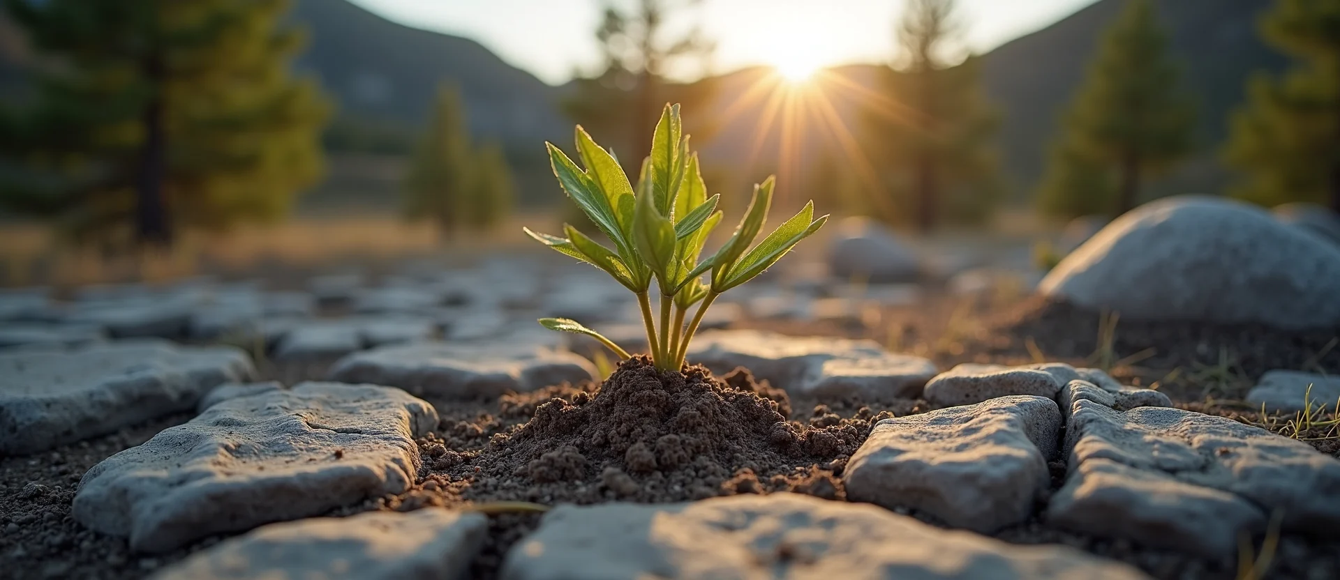 Symbolizing Seed/New Beginning: A local Ponderosa Pine shoot emerging from cracked soil. - AI Generated