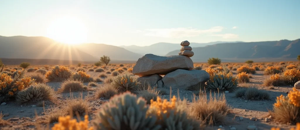 Symbolizing Stability/Peak: A local Indian Paintbrush ancient rock cairn. - AI Generated