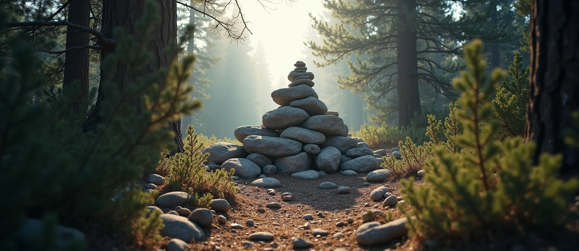 Symbolizing Stability/Peak: A local Sierra Juniper ancient rock cairn. - AI Generated