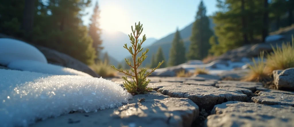 Symbolizing Seed/New Beginning: A local Sierra Juniper shoot emerging from cracked soil. - AI Generated