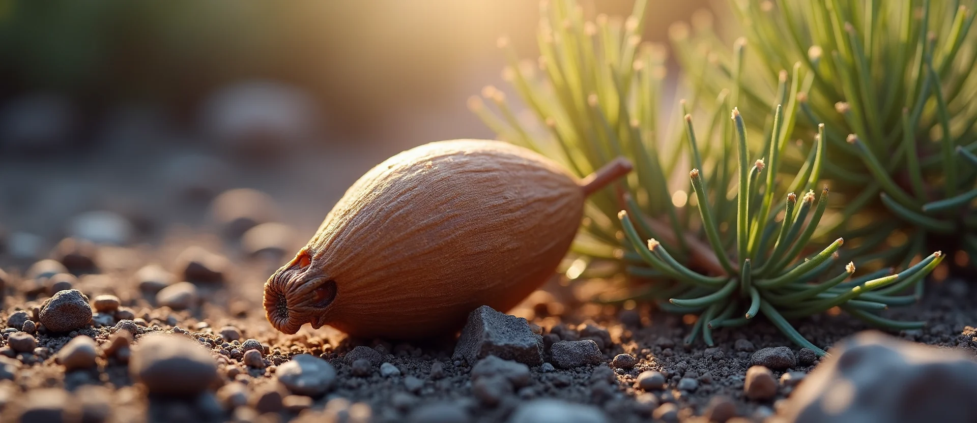 Symbolizing Seed/New Beginning: A local Bitterbrush single pine seed on dry earth. - AI Generated
