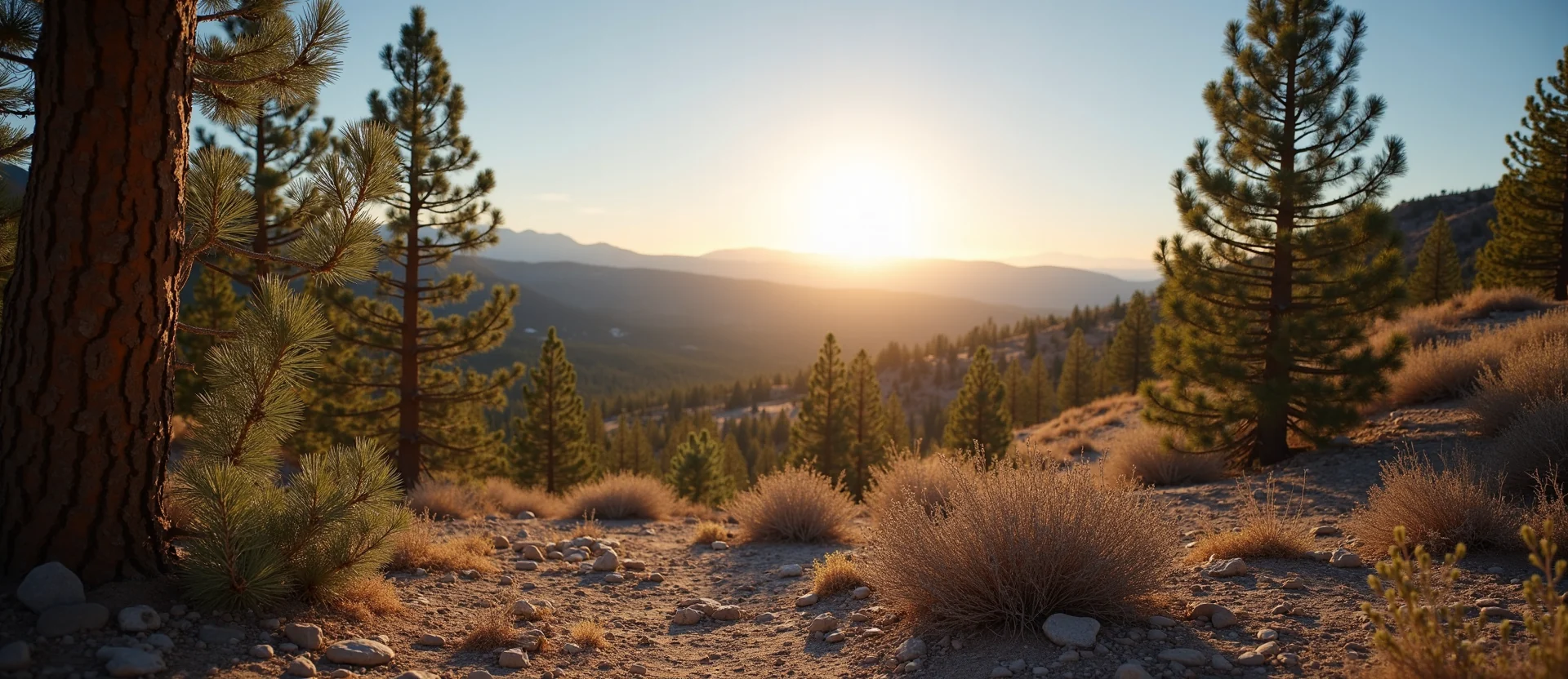 Symbolizing Stability/Peak: A local Ponderosa Pine distant Sierra horizon. - AI Generated