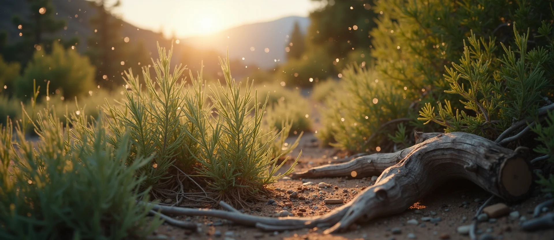 Symbolizing Flow/Cleansing: A local Sagebrush (Artemisia tridentata) raindrops on desert leaves. - AI Generated