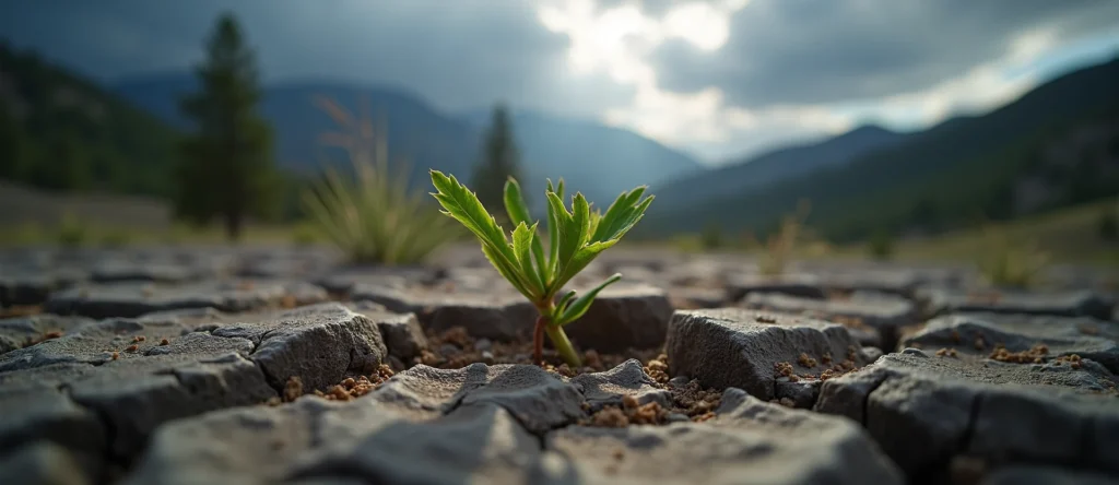 Symbolizing Seed/New Beginning: A local Quaking Aspen shoot emerging from cracked soil. - AI Generated
