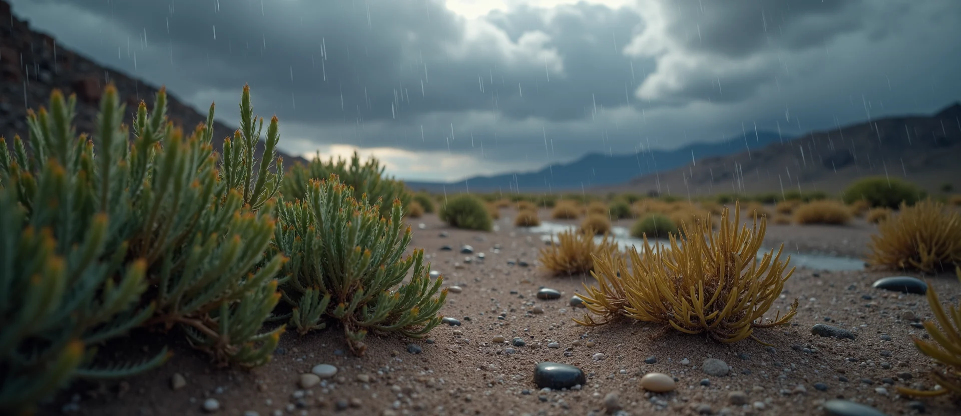 Symbolizing Flow/Cleansing: A local Desert Peach raindrops on desert leaves. - AI Generated