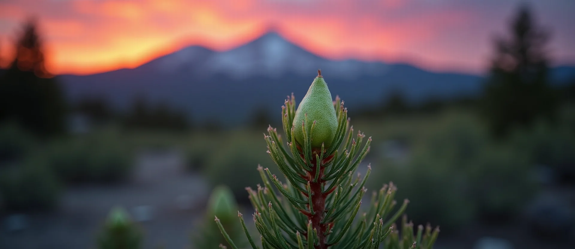 Symbolizing Seed/New Beginning: A local Ponderosa Pine new green bud on a branch. - AI Generated