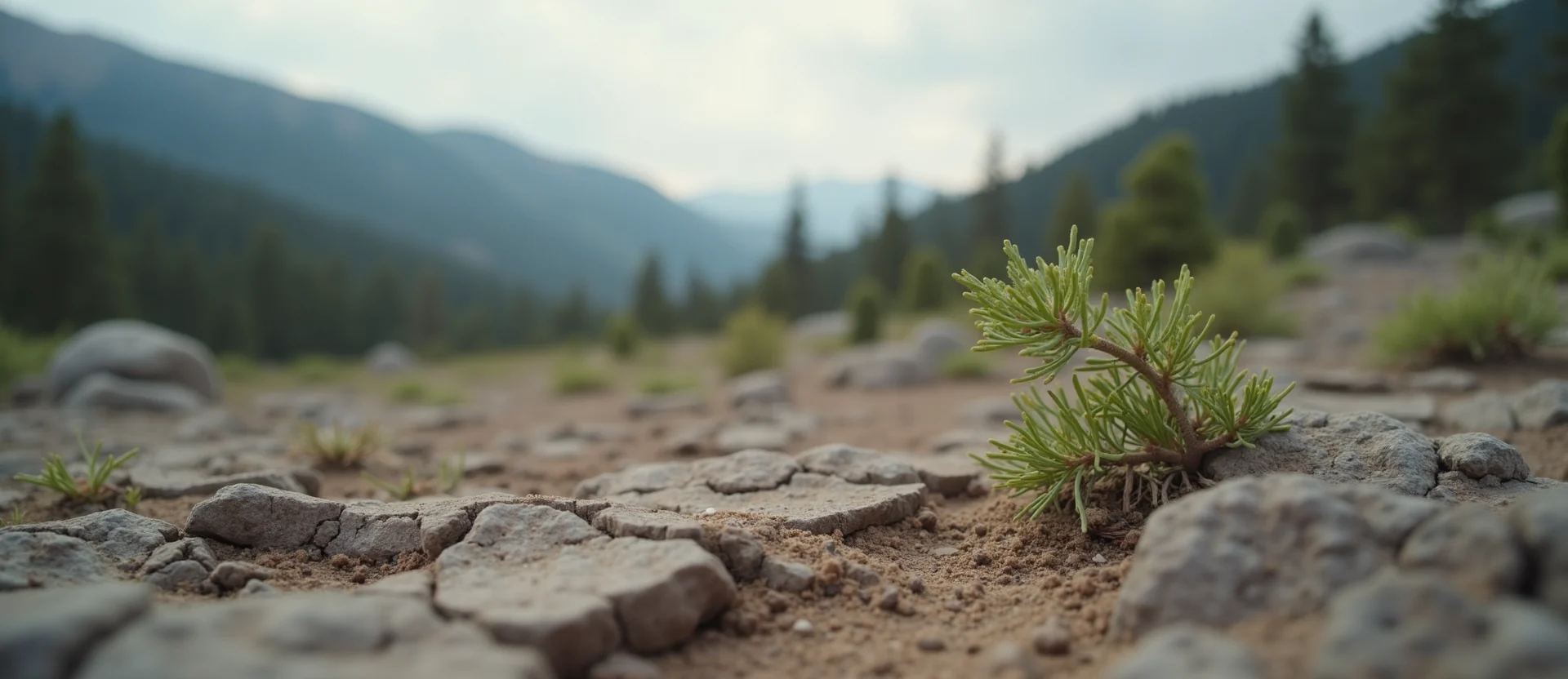 Symbolizing Seed/New Beginning: A local Ponderosa Pine shoot emerging from cracked soil. - AI Generated
