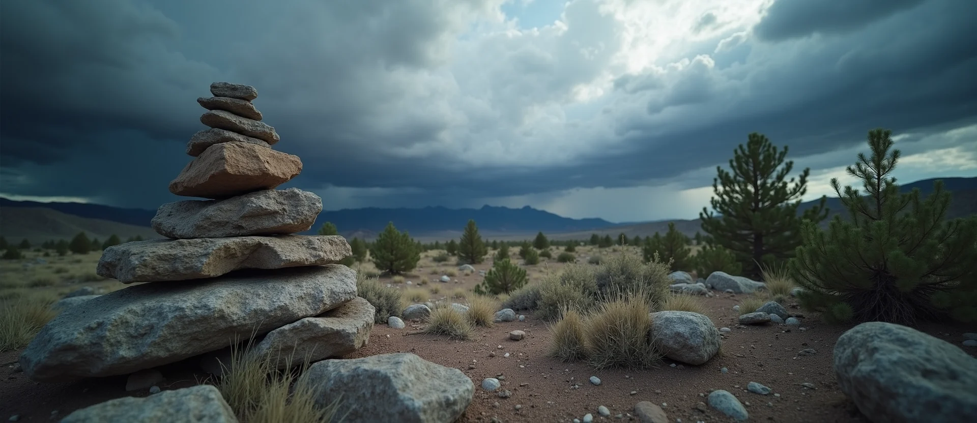 Symbolizing Stability/Peak: A local Sierra Juniper ancient rock cairn. - AI Generated