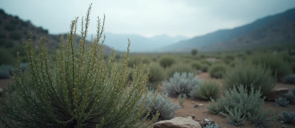 Symbolizing Flow/Cleansing: A local Manzanita raindrops on desert leaves. - AI Generated