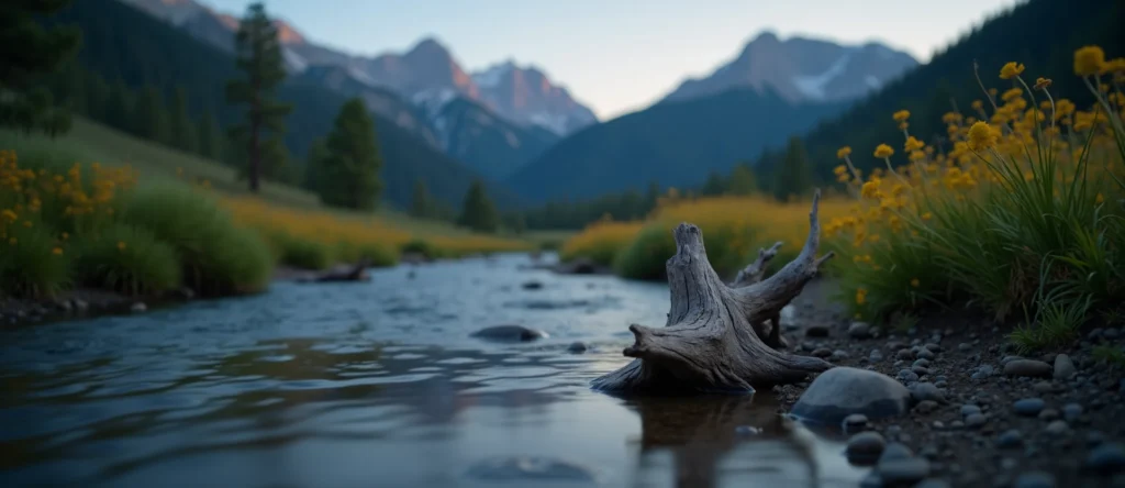 Symbolizing Flow/Cleansing: A local Indian Paintbrush babbling mountain creek. - AI Generated