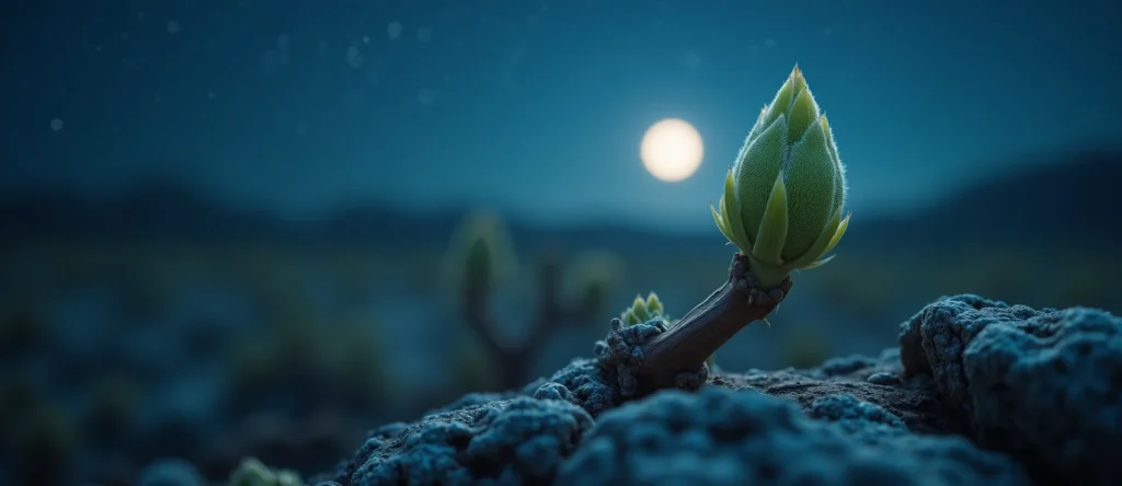Symbolizing Seed/New Beginning: A local Manzanita new green bud on a branch. - AI Generated