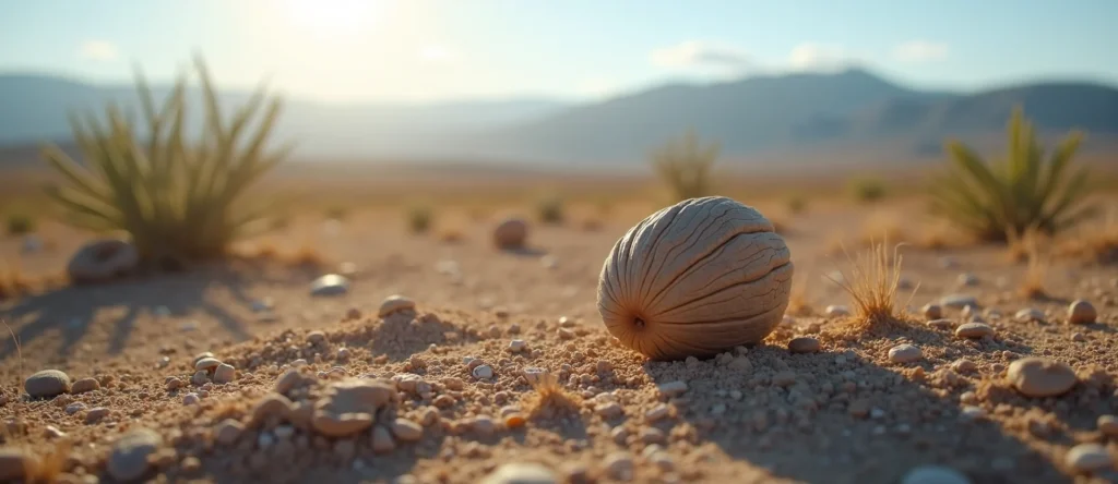 Symbolizing Seed/New Beginning: A local Desert Peach single pine seed on dry earth. - AI Generated