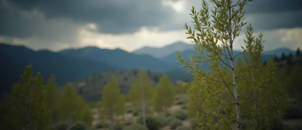 Symbolizing Stability/Peak: A local Quaking Aspen distant Sierra horizon. - AI Generated