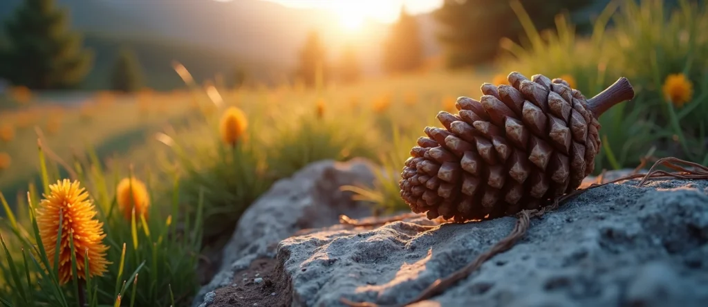 Symbolizing Seed/New Beginning: A local Indian Paintbrush opening pine cone. - AI Generated
