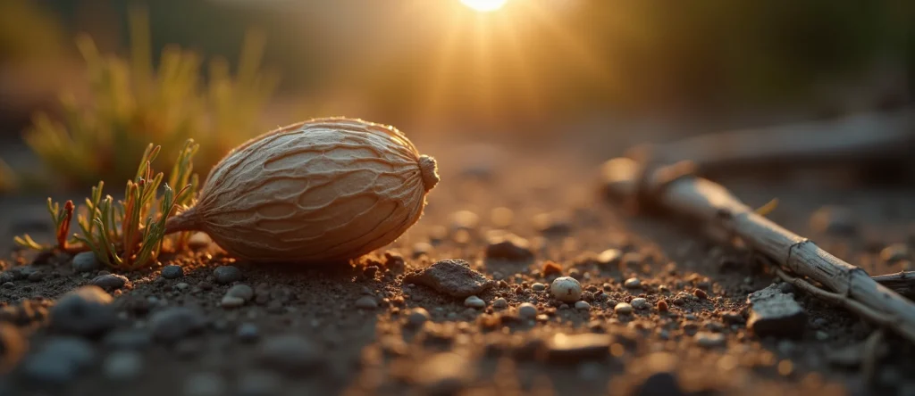 Symbolizing Seed/New Beginning: A local Ponderosa Pine single pine seed on dry earth. - AI Generated