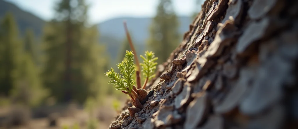 Symbolizing Growth/Resilience: A local Ponderosa Pine new branch reaching for the sky. - AI Generated