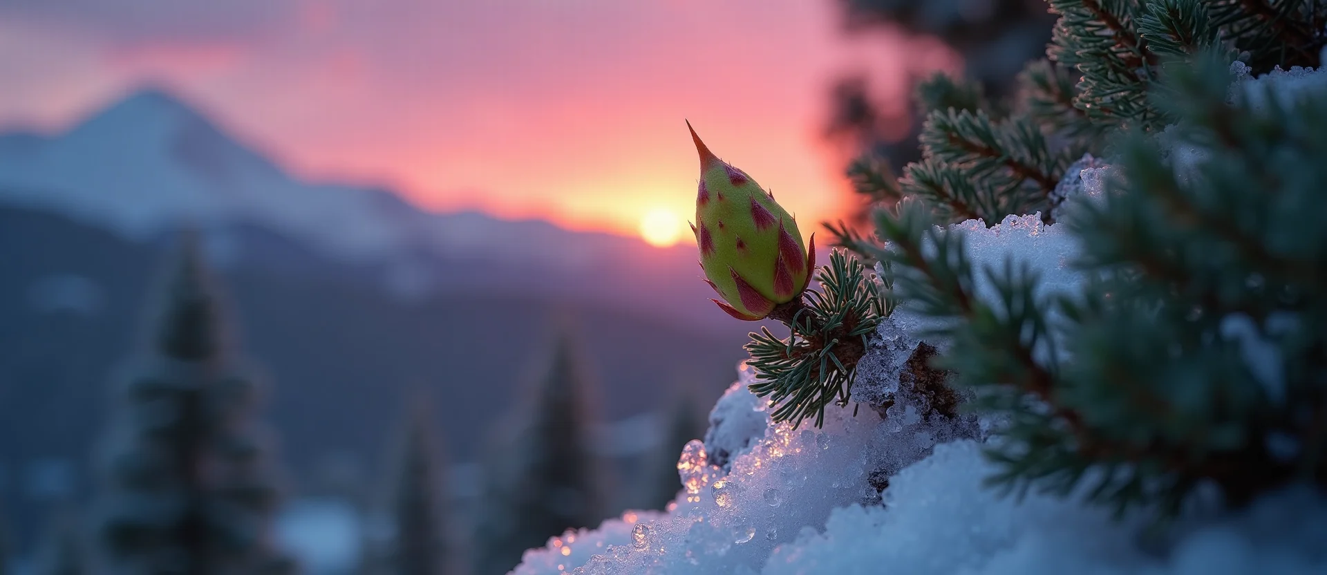 Symbolizing Seed/New Beginning: A local Sierra Juniper new green bud on a branch. - AI Generated