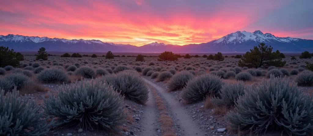Symbolizing Stability/Peak: A local Sagebrush (Artemisia tridentata) distant Sierra horizon. - AI Generated