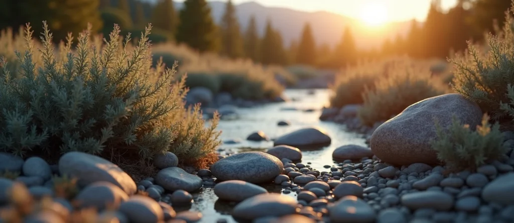 Symbolizing Flow/Cleansing: A local Bitterbrush smooth Truckee river stones. - AI Generated